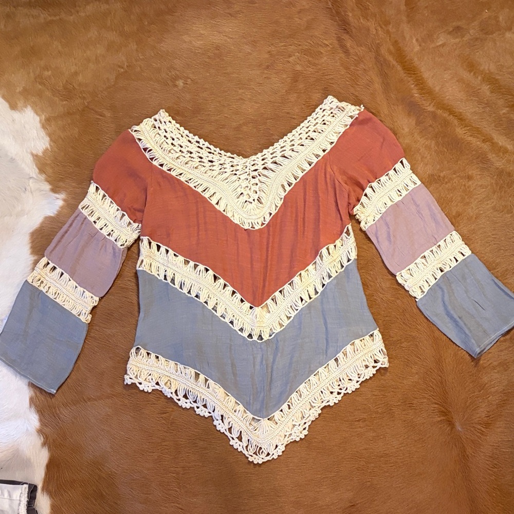 Bohemian Crochet Trim Colorblock Top